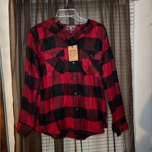 Red and Black Plaid Hoodie Button-Up Shirt Hippie Rose